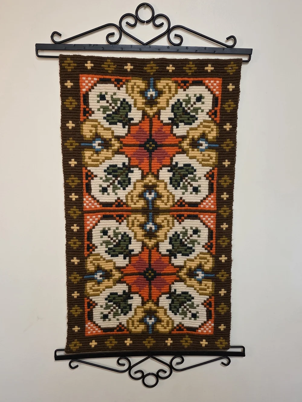 Huge Handwoven 70s Brown and Orange Floral Tapestry Wall Hanging